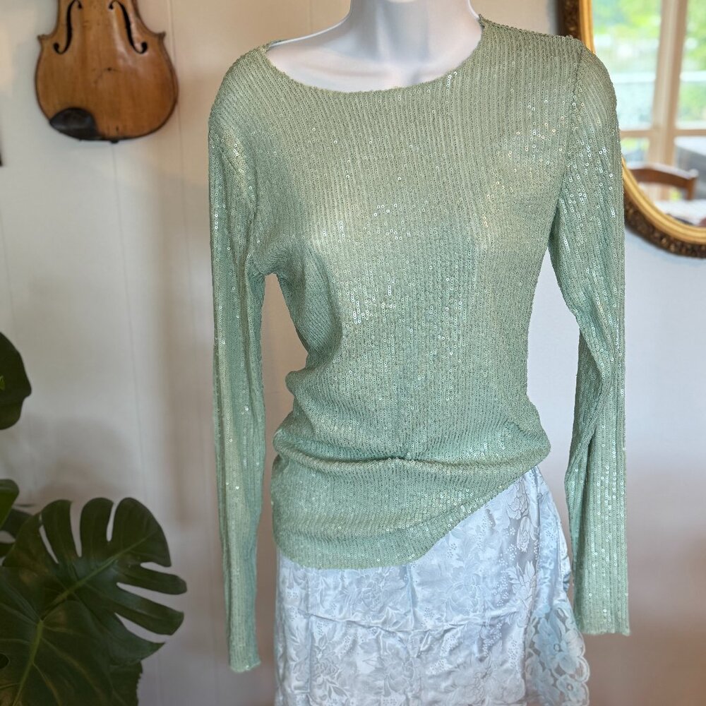🌞NWT XS Free People Intimately Gold Rush Long Sleeve Sequin Top - Green, #58
